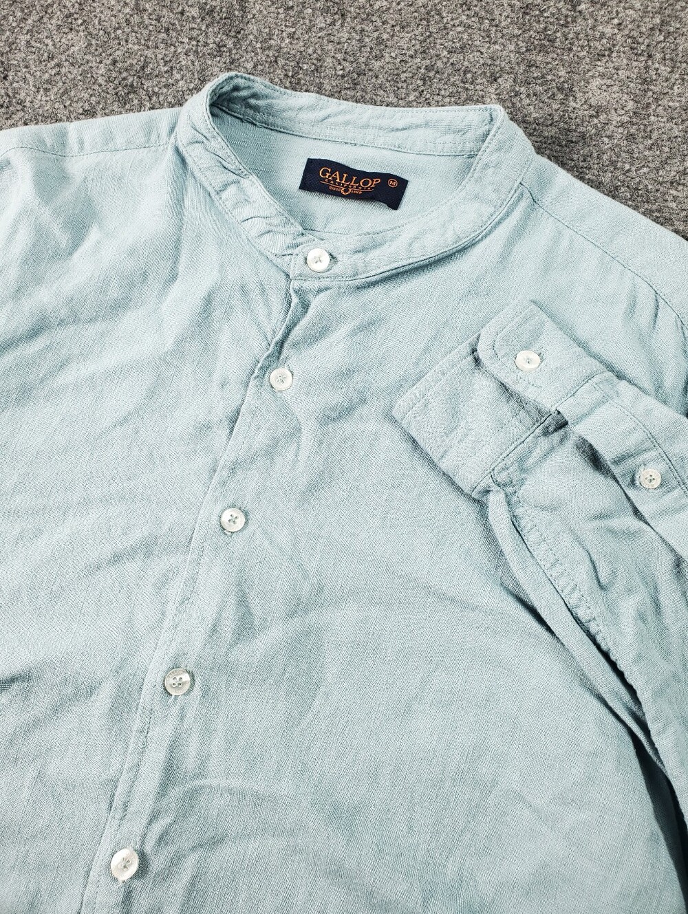 Gallop California 100% Linen Shirt Mens Medium Button Up Band Collar Light Blue